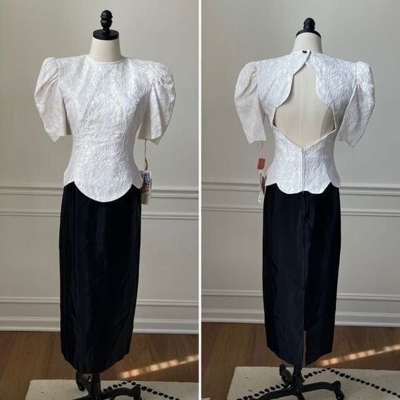 NWT Vintage 80s Susan Rossetti for Vijack Black White Midi Dress Pouf Shoulder 6 - Picture 1 of 12